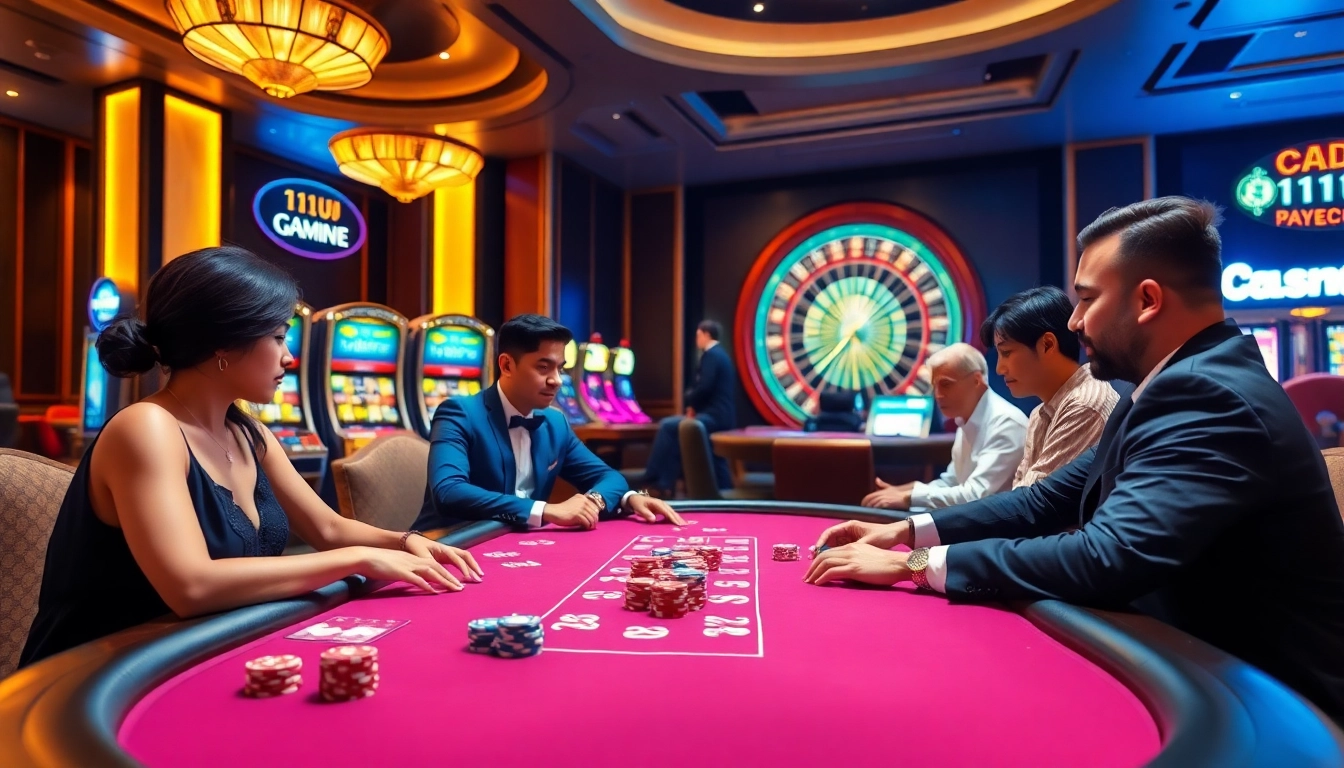 11UU players enjoying an exciting game of poker at a luxurious casino table.