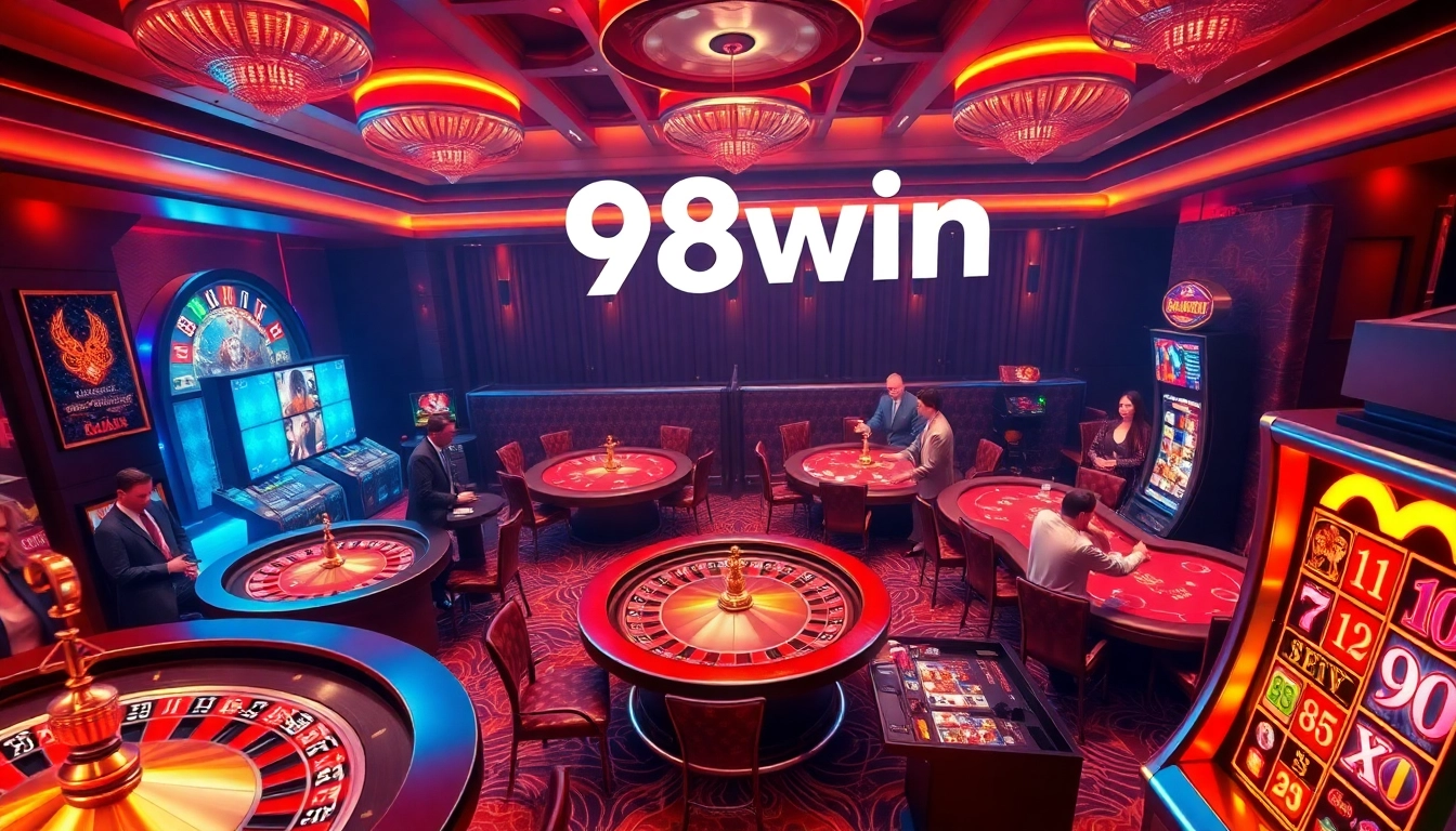 Exciting betting action at 98win casino with vibrant roulette wheels and stylish tables.