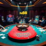 Engaged players at the nk88 poker table, celebrating wins in a luxurious casino atmosphere.