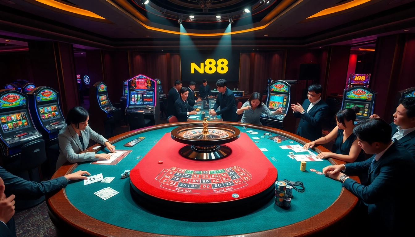 Engaged players at the nk88 poker table, celebrating wins in a luxurious casino atmosphere.