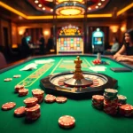 Engage with the thrilling atmosphere of tr88 at a luxurious casino table with roulette and chips.