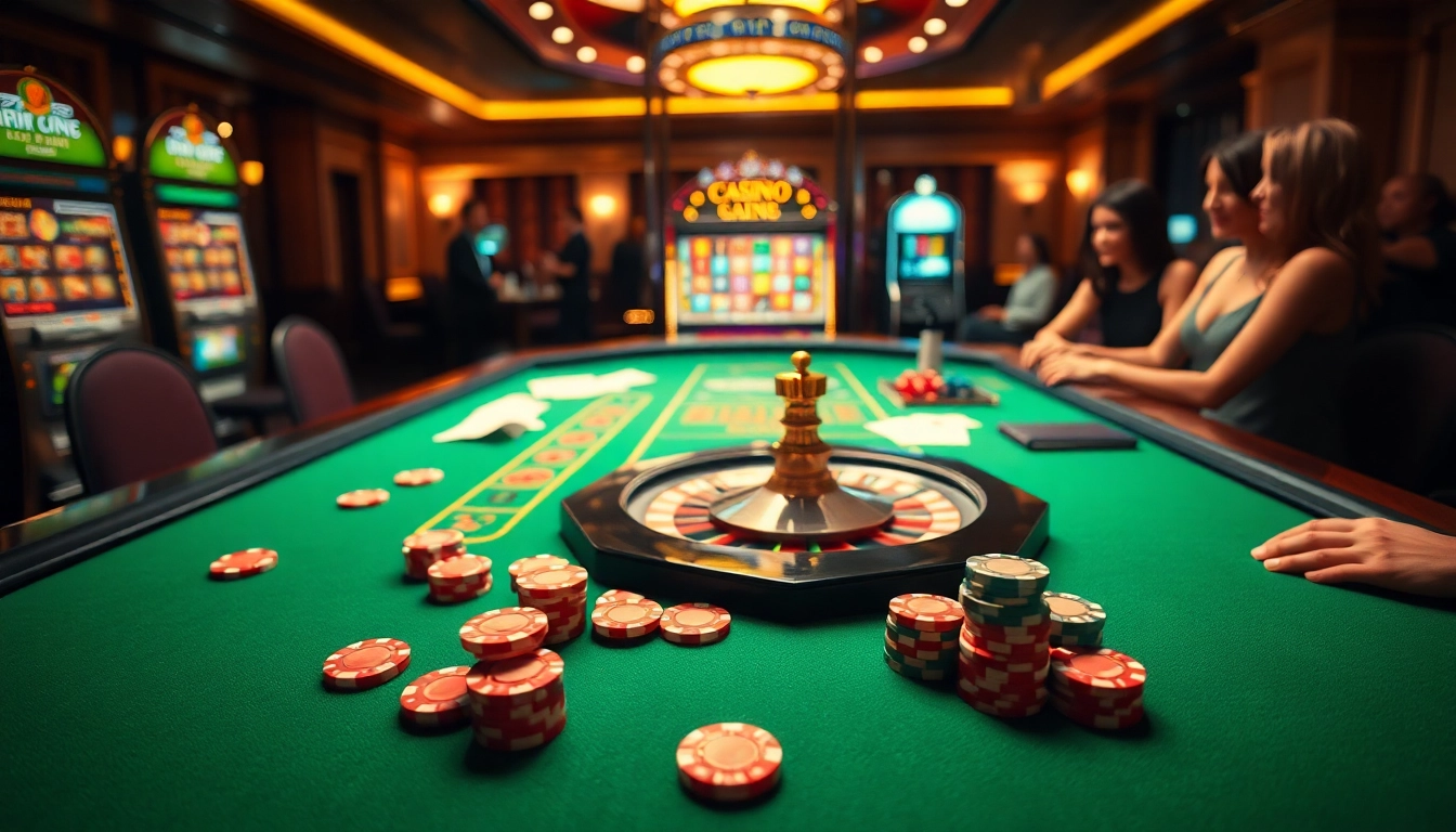Engage with the thrilling atmosphere of tr88 at a luxurious casino table with roulette and chips.