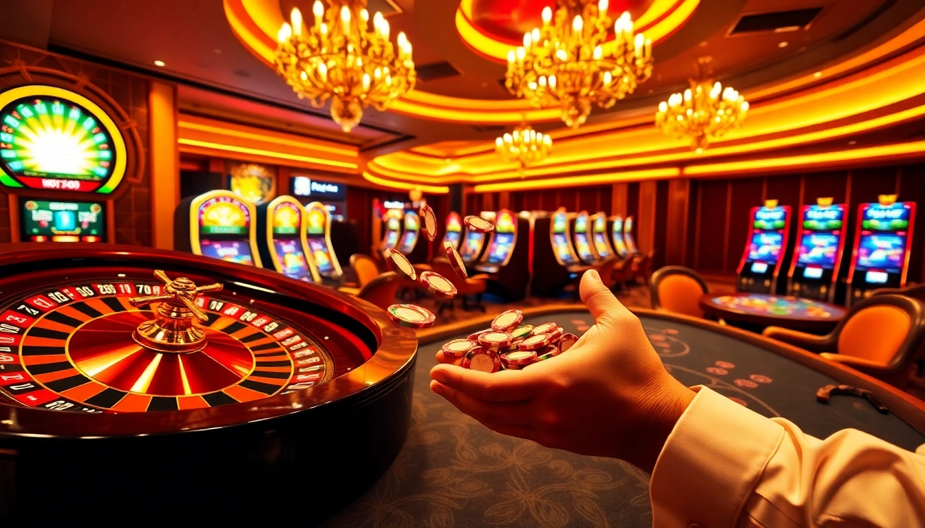 Players celebrating wins at https://13win.vegas/ with poker chips and roulette wheels in a luxury casino.