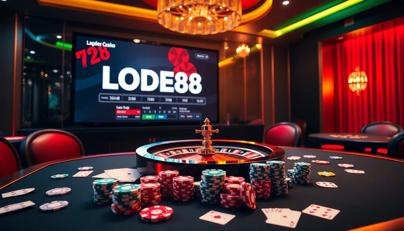 Experience thrilling online gambling with LODE88, featuring vibrant casino elements and winning excitement.
