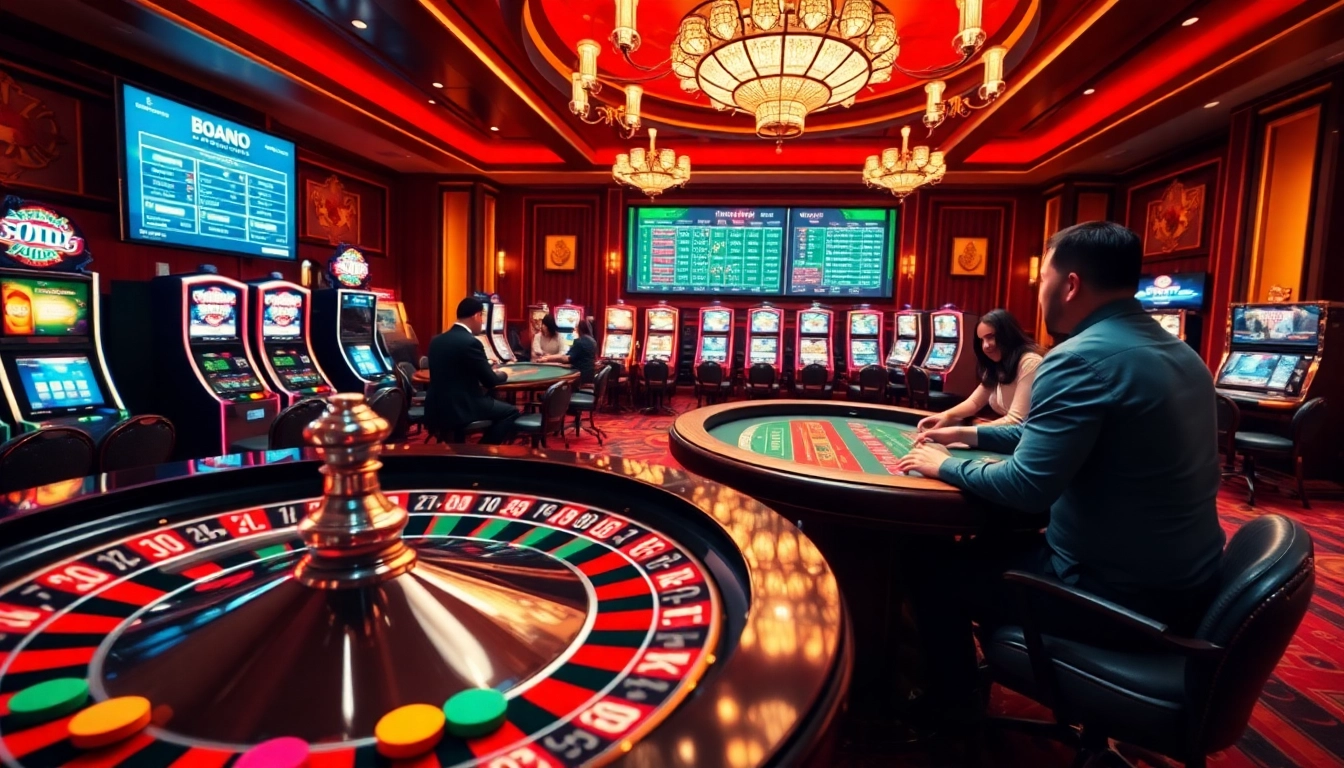 Experience thrilling gameplay at https://vj88vn.com/ with players enjoying a vibrant luxury casino atmosphere.