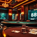 High-stakes poker scene at casino showcasing 88vv poker chips and cards.