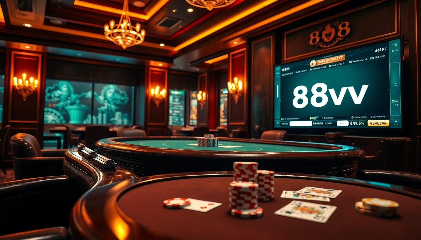 High-stakes poker scene at casino showcasing 88vv poker chips and cards.