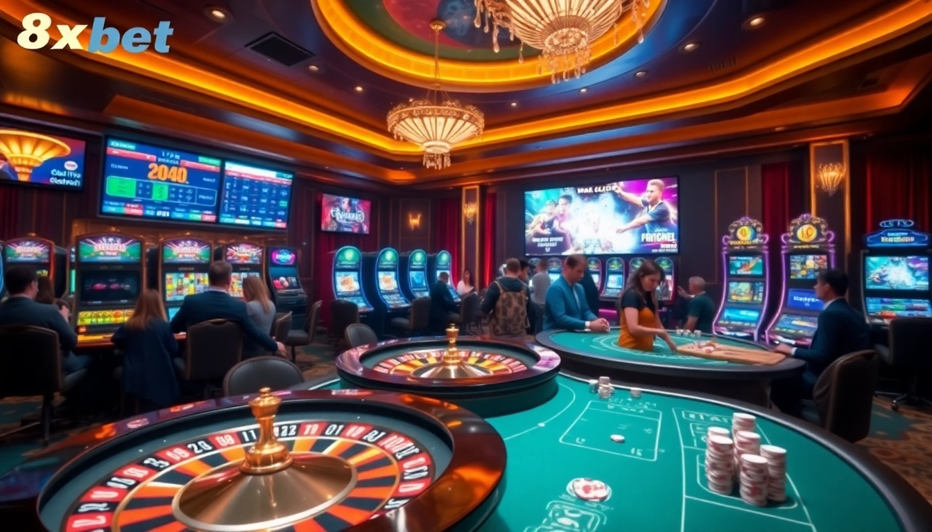 Experience the excitement of 8xbet with luxurious casino tables and vibrant slot machines.