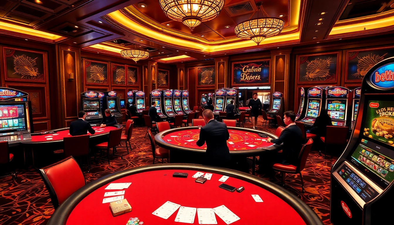 Bet88 casino scene showcasing poker tables and slot machines with vibrant gambling action.