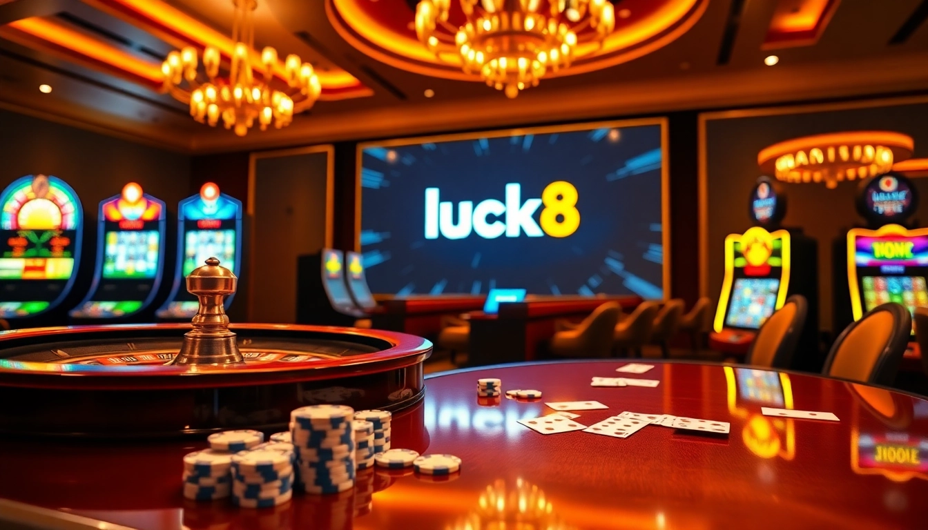 Engage with the excitement of đăng nhập luck8 at a vibrant online casino scene featuring roulette and slot machines.