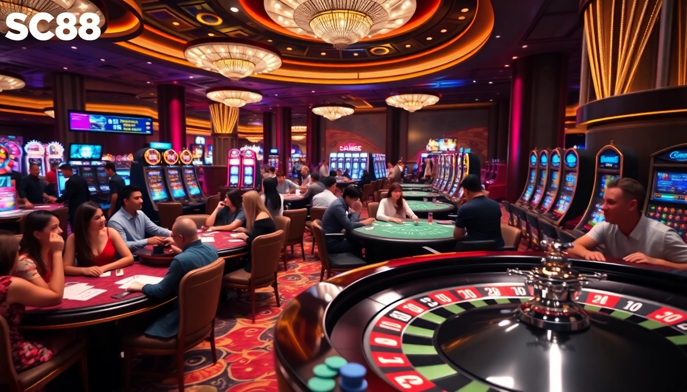 Engaged players at SC88-themed casino tables enjoying exciting gambling action.