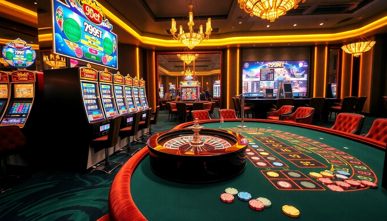 Exciting gambling action at a vibrant casino featuring 999bet vn slot machines and games.