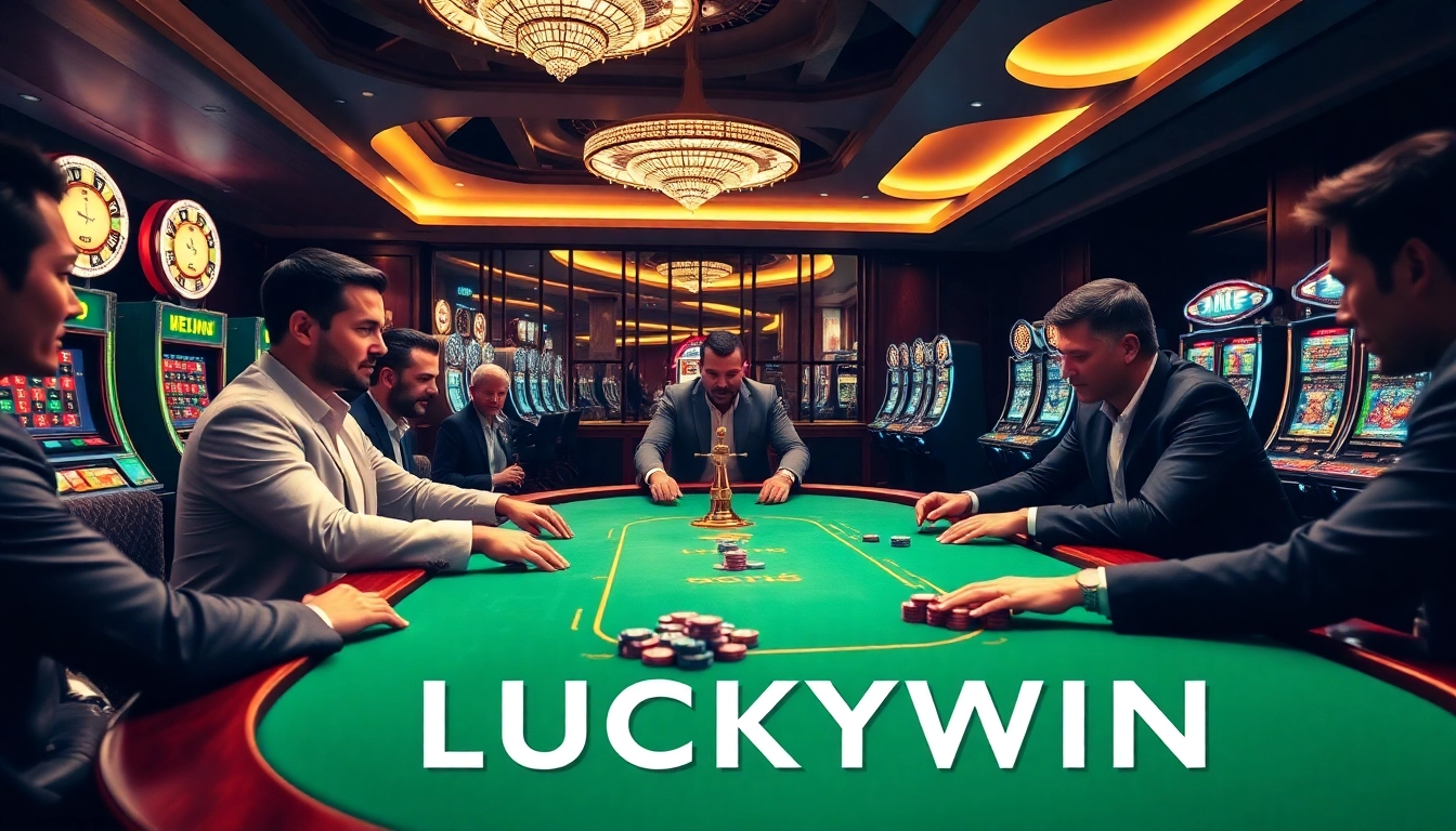 Exciting gambling at LUCKYWIN with poker tables, roulette wheels, and vibrant casino atmosphere.