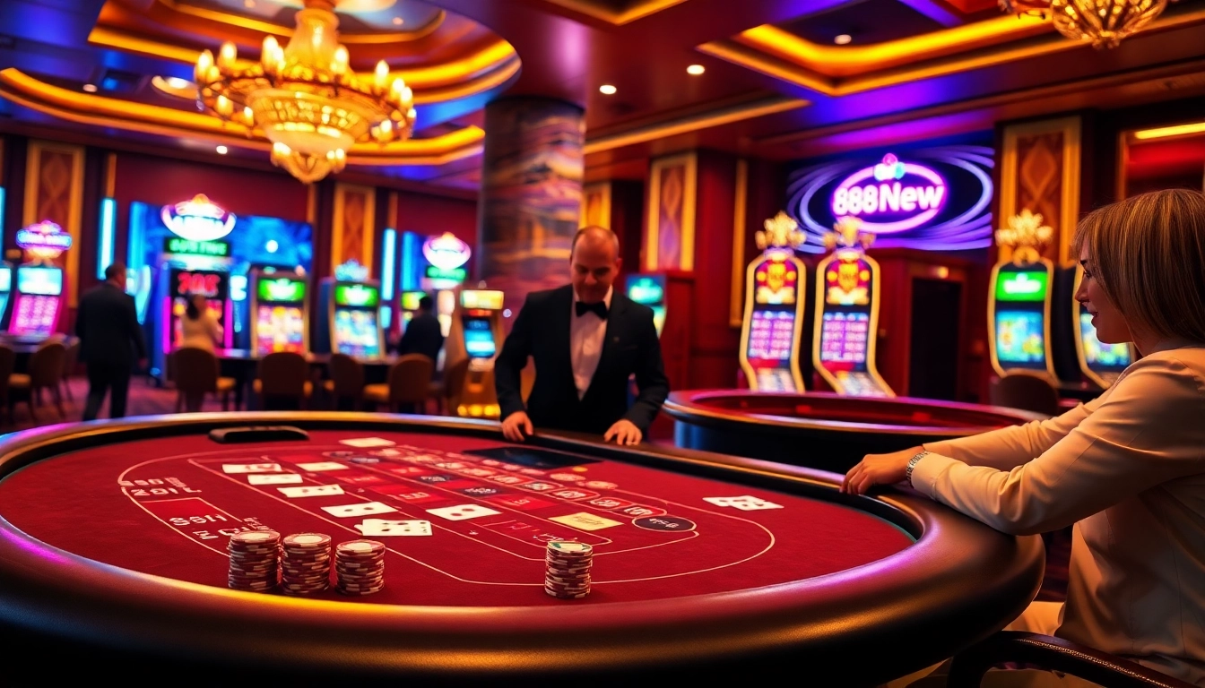 Players enjoying an exciting game at 888new casino with vibrant tables and slot machines.