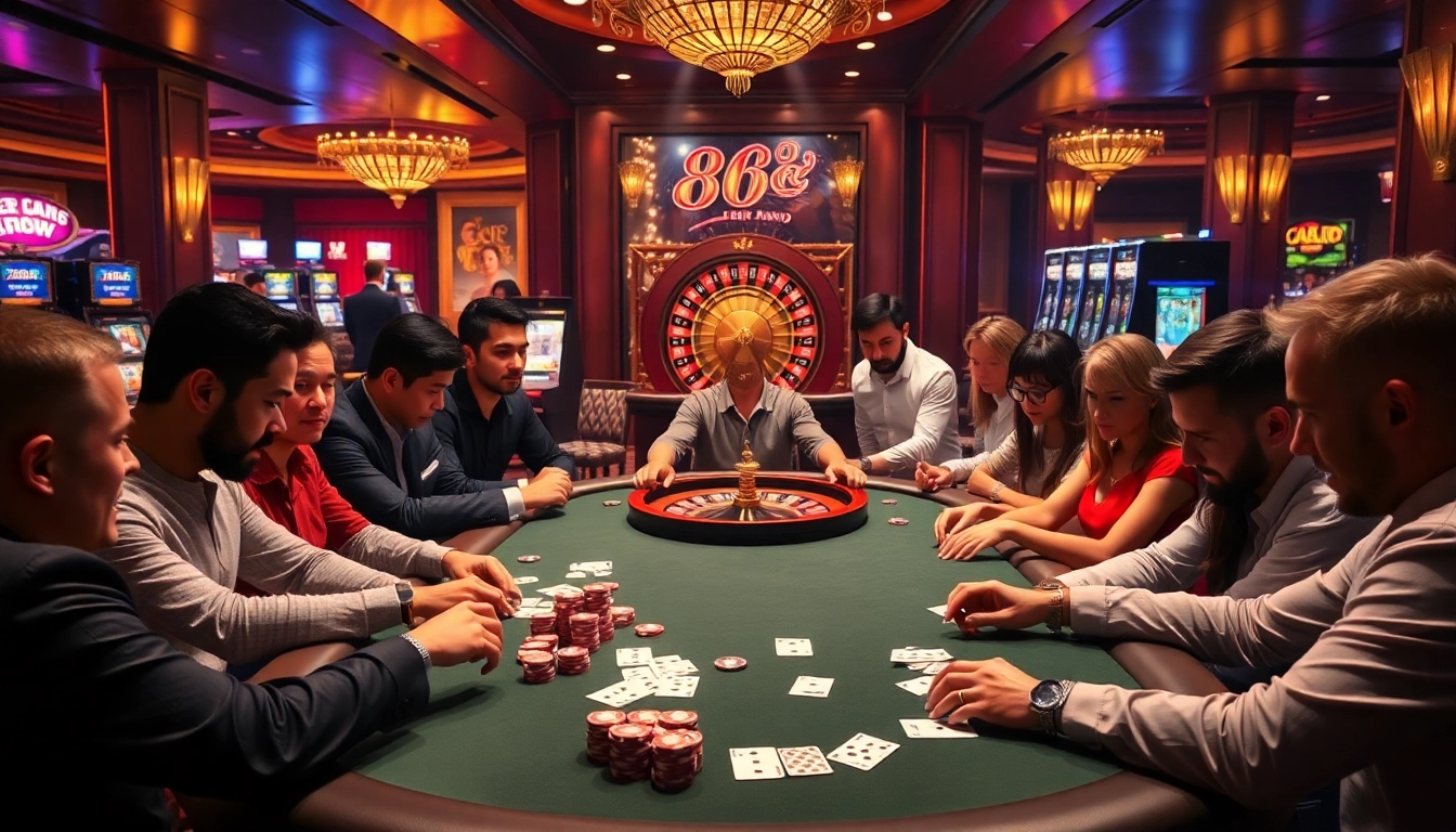 Experience the thrill of winning at 88i nhà cái with vibrant casino scenes featuring poker tables and slot machines.
