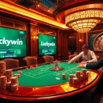 Exciting poker table scene at Luckywin casino with players and vibrant chips