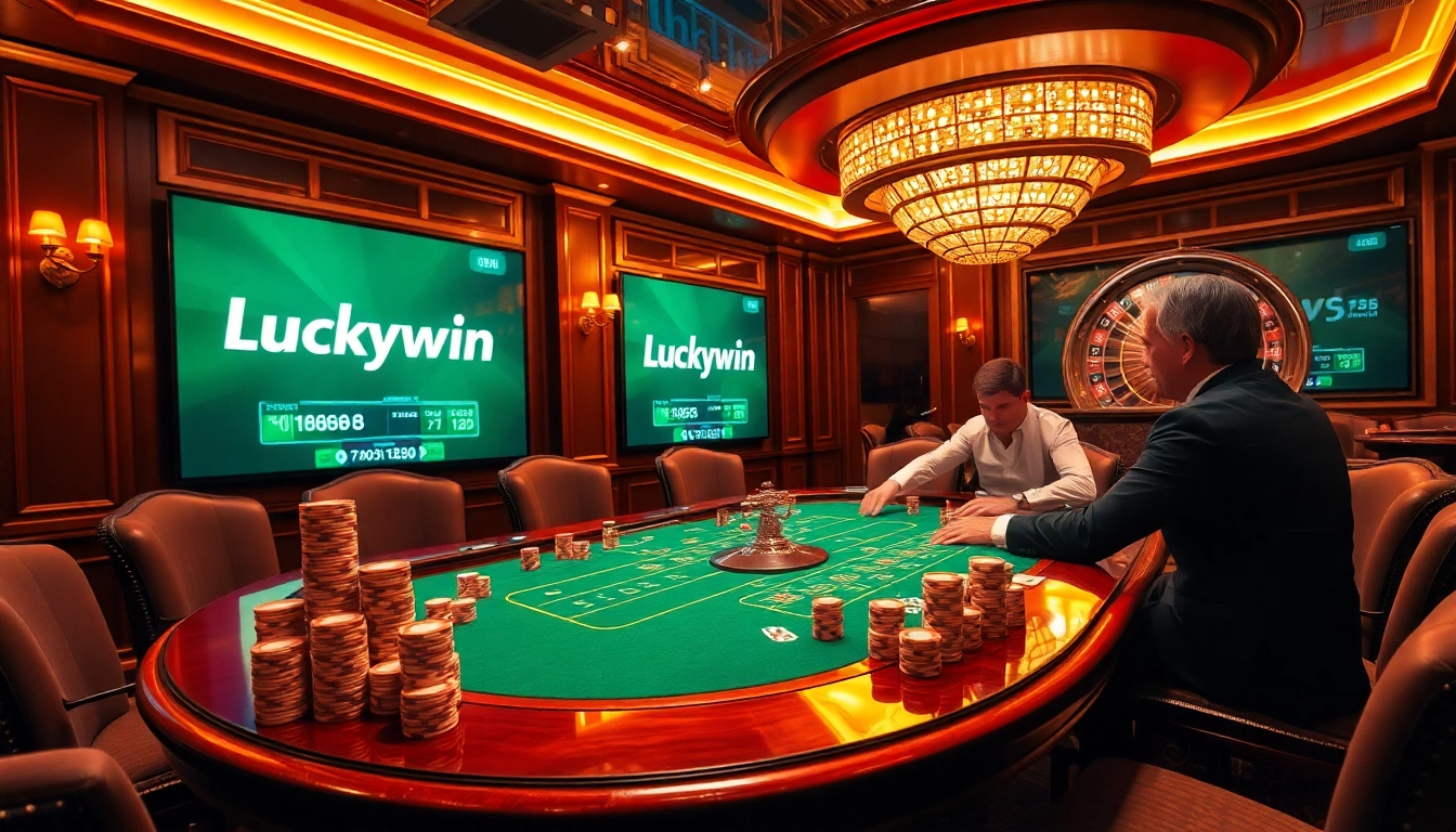 Exciting poker table scene at Luckywin casino with players and vibrant chips