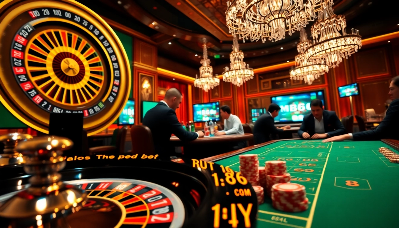 Experience the thrill of gambling with mb66 com, featuring poker chips, cards, and a vibrant roulette wheel.