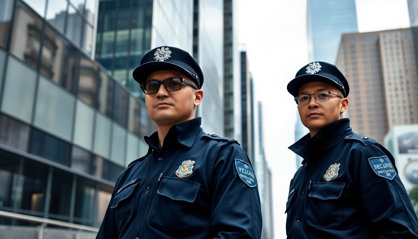 Two private security guards near me vigilantly patrolling a modern urban area, emphasizing safety and professionalism.