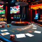 F168 casino table with vibrant chips and cards, creating an exciting gambling atmosphere.