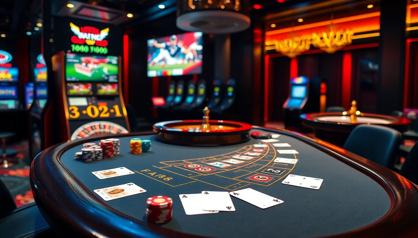 F168 casino table with vibrant chips and cards, creating an exciting gambling atmosphere.