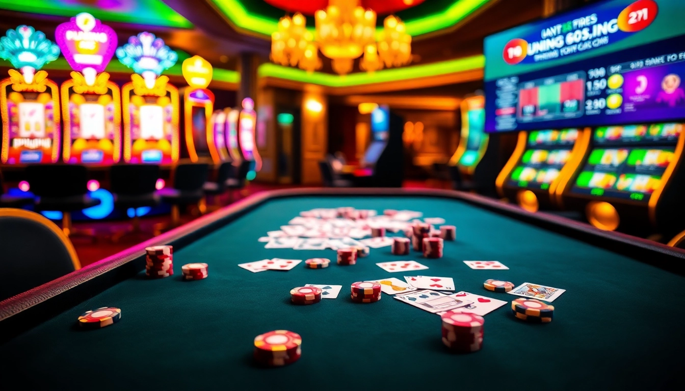 Engaging scene at https://jun88pl.com/ showcasing poker chips and cards in an exciting casino setting.