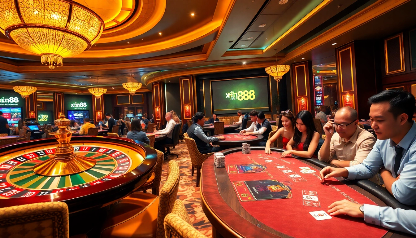 The excitement of players engaging in poker and roulette at xin88's luxurious casino atmosphere.