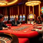 Haywin casino scene showcasing exciting poker action and illuminated slot machines.