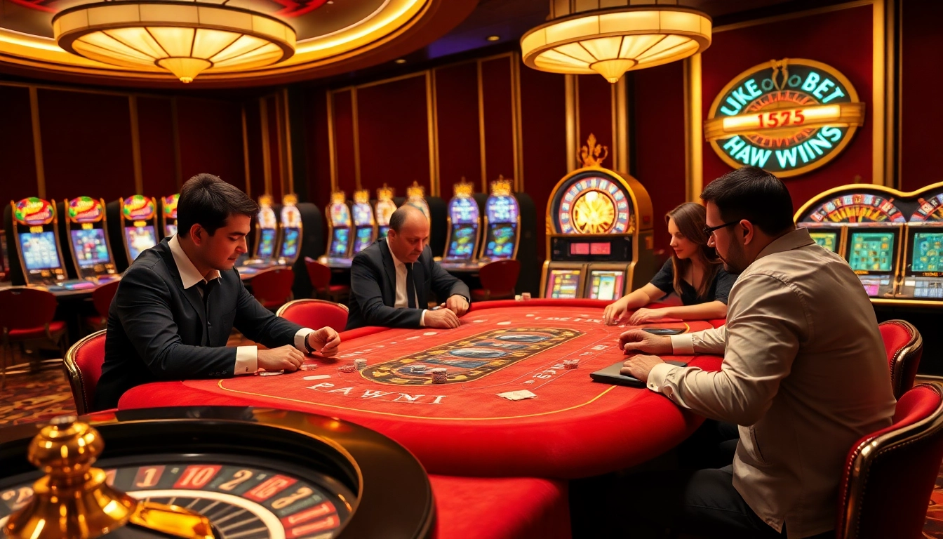 Haywin casino scene showcasing exciting poker action and illuminated slot machines.