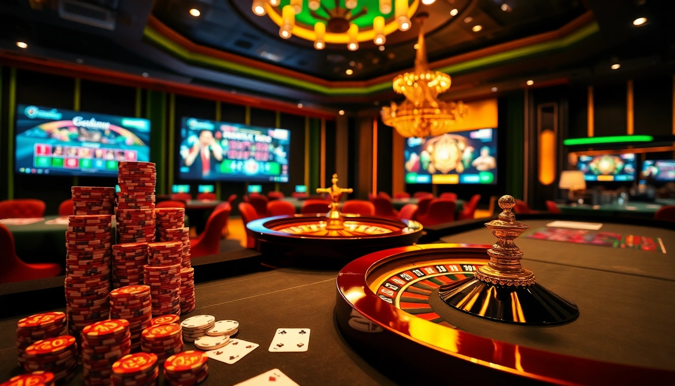 Exciting gameplay at gamebaidoithuong with vibrant casino tables and shining poker chips.