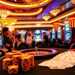 Adegan menarik pemain yang menang pada mesin slot deposit pulsa dalam suasana kasino yang semarak.