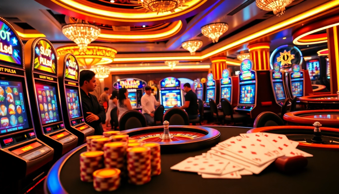 Adegan menarik pemain yang menang pada mesin slot deposit pulsa dalam suasana kasino yang semarak.