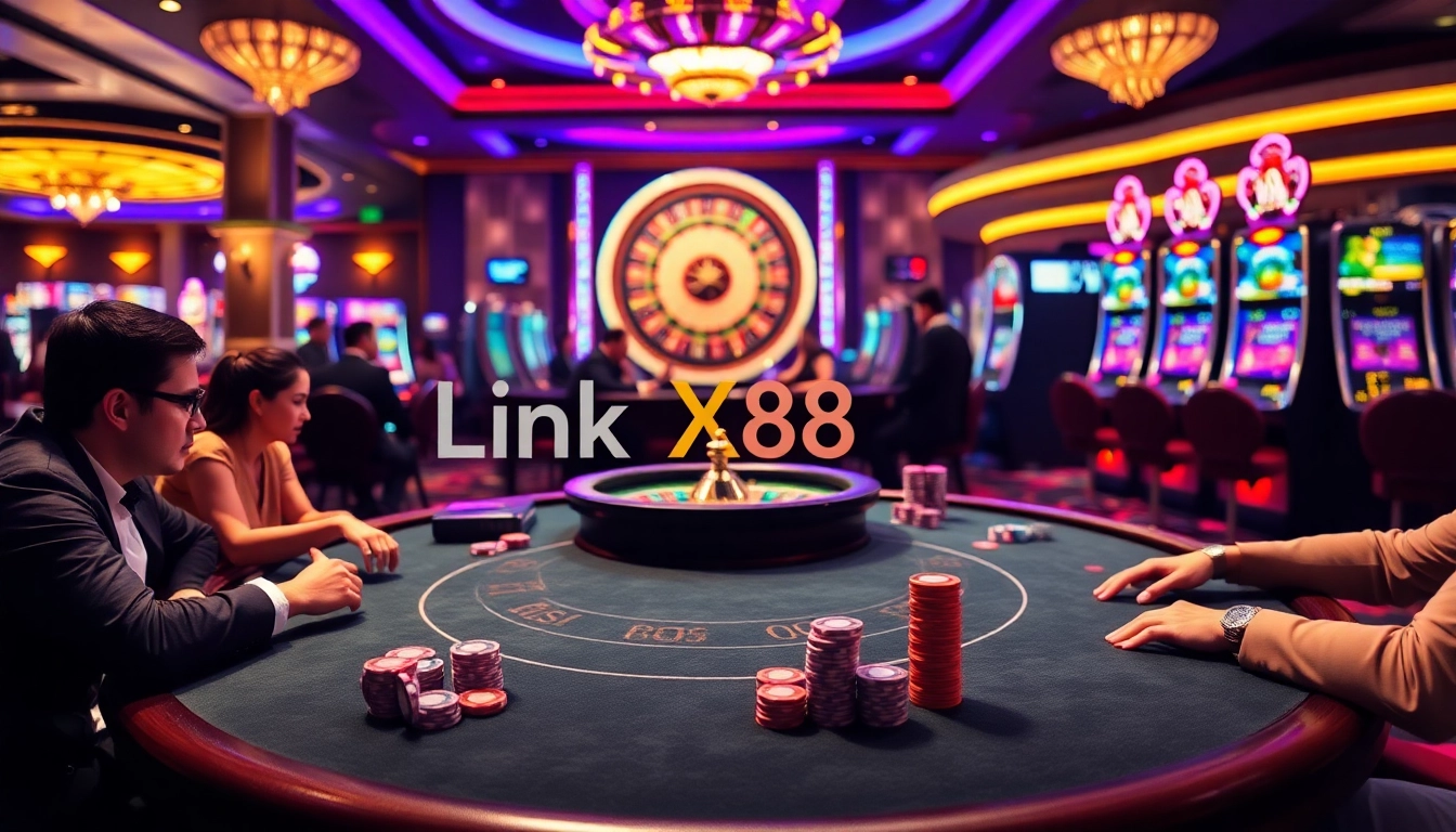 Engaging poker gameplay highlighting Link X88 amidst vibrant casino ambiance.