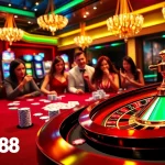 Experience the thrill of MM88 at a vibrant casino scene with players enjoying roulette and poker.