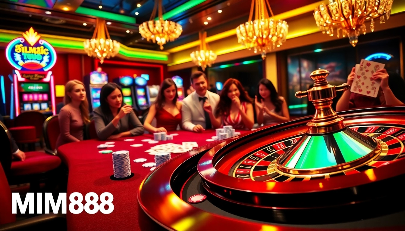 Experience the thrill of MM88 at a vibrant casino scene with players enjoying roulette and poker.