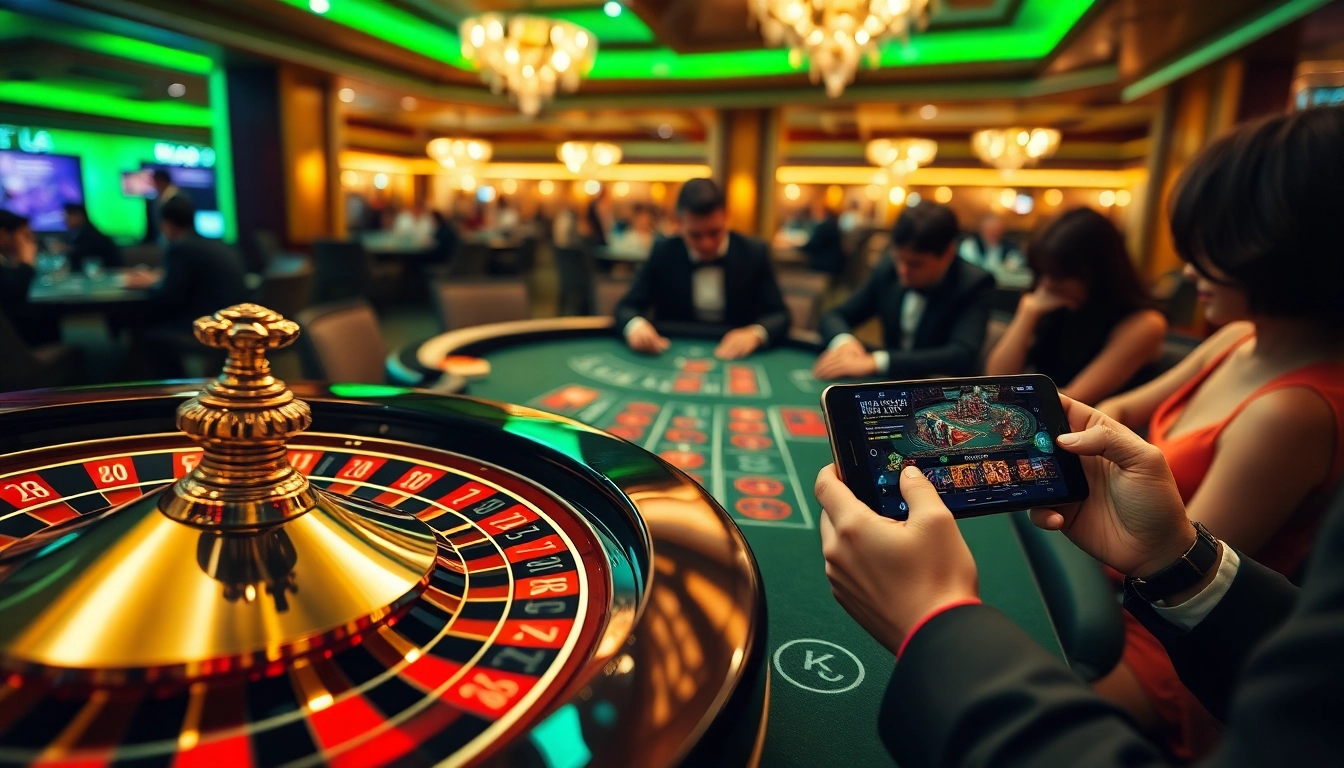 Engaging gaming experience at liên minh KJC casino with roulette and blackjack tables.