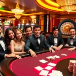 Engaged players at a luxurious Go99-themed casino table, surrounded by vibrant lights and action.