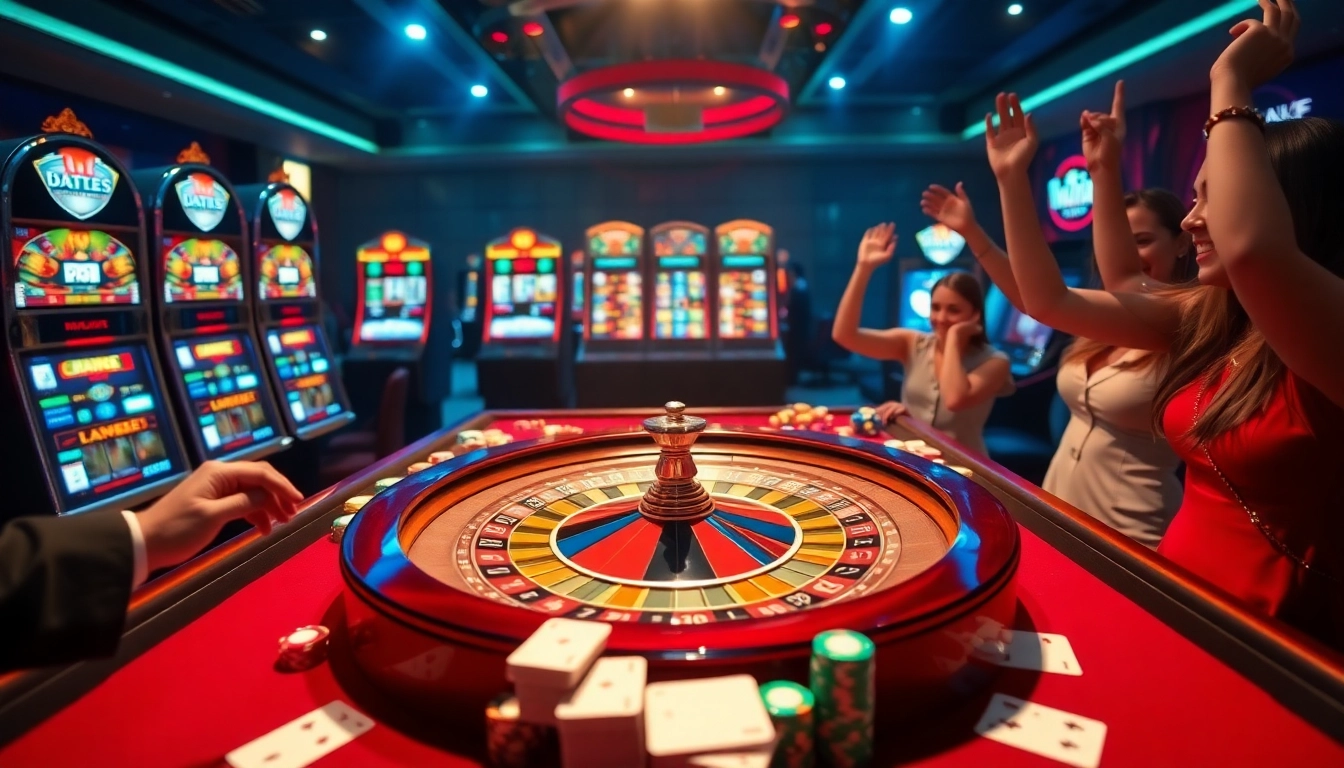 Experience a lucky win moment amid a lively casino atmosphere with joyful players and roulette wheel.