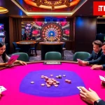 Experience high-stakes action at THA BET's poker table with vibrant casino elements.
