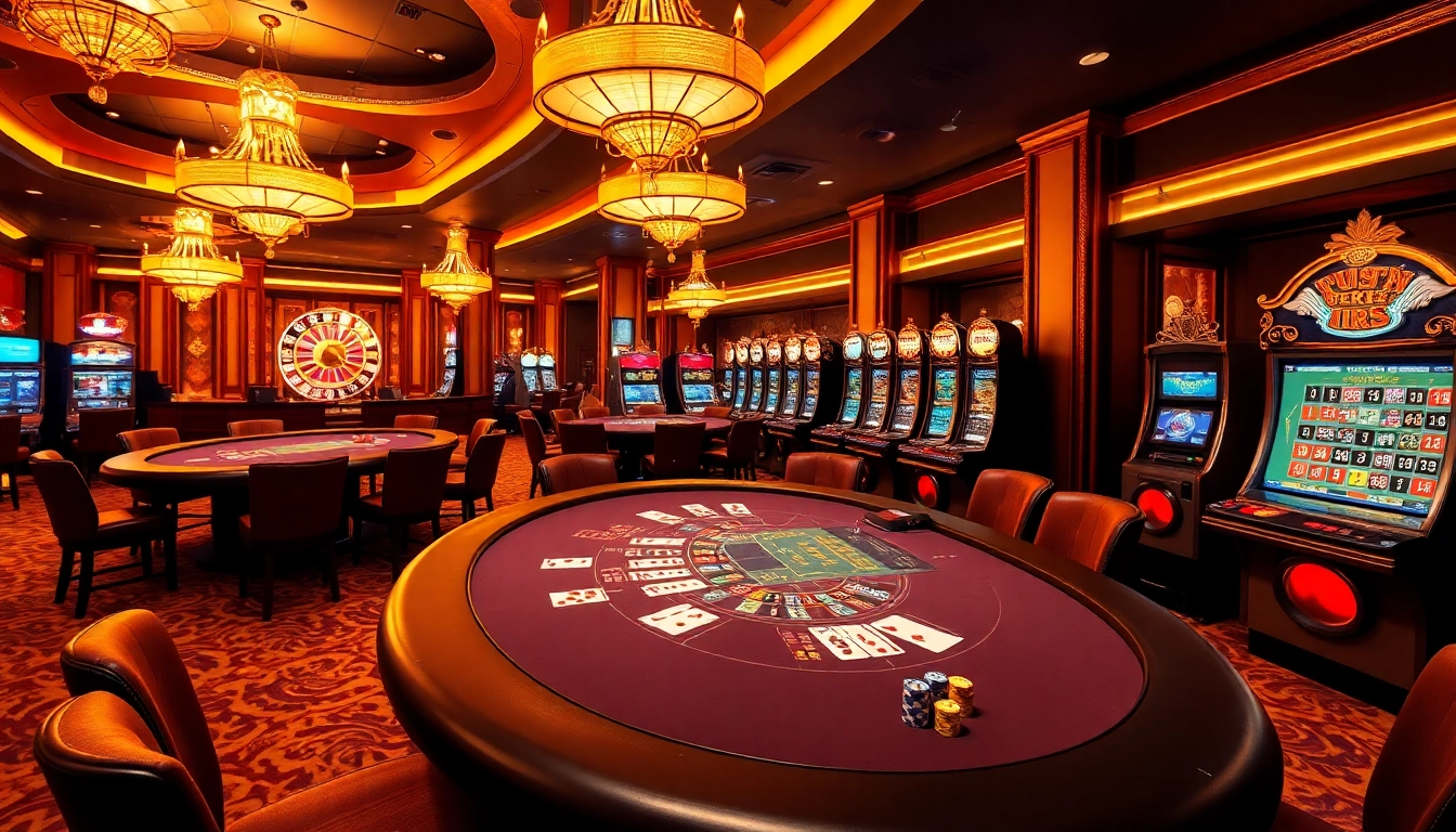 Experience the excitement of i9bet with a vibrant casino scene showcasing poker, roulette, and slot machines.