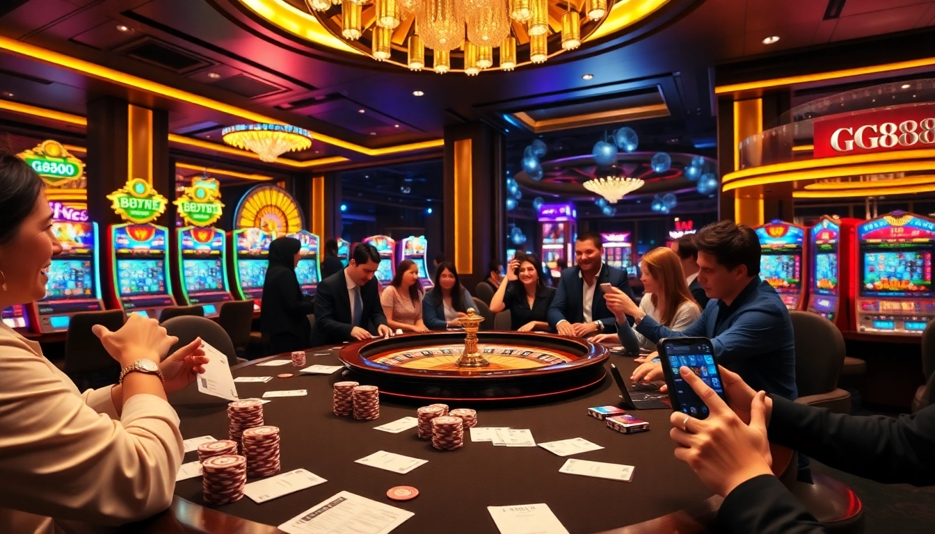 GG88 gaming table with enthusiastic players in a luxurious casino setting featuring vibrant lights.