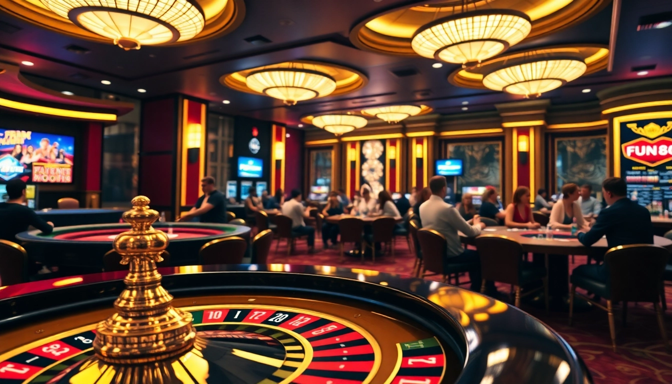 Engaging Fun88 players at luxurious casino tables surrounded by roulette wheels and poker chips.