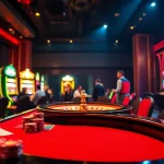 Players enjoying the GO88 poker experience at a luxurious casino table with vibrant slot machines.