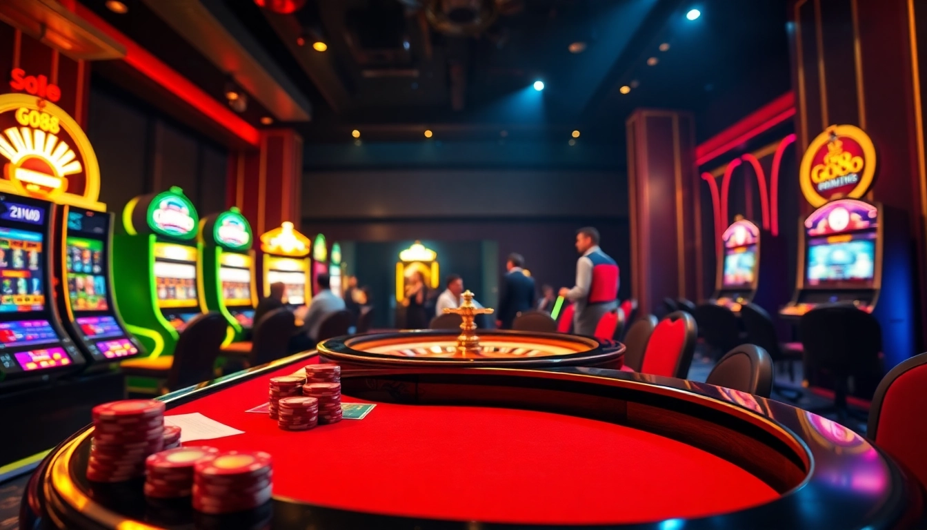 Players enjoying the GO88 poker experience at a luxurious casino table with vibrant slot machines.