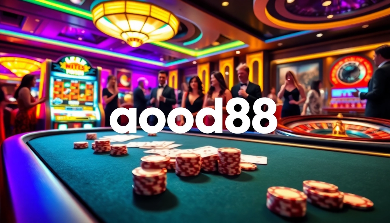 Experience thrilling gameplay at good88 in a luxurious casino setting, featuring poker chips and slot machines.
