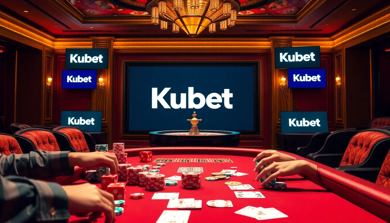 Kubet casino players strategizing at a poker table with colorful chips and cards in play.