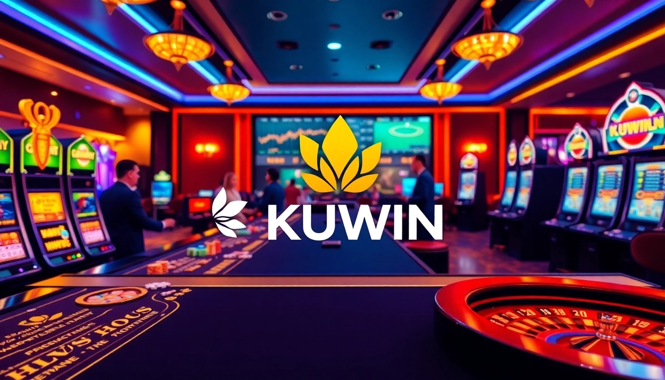 KUWIN gaming excitement with vibrant casino tables and slot machines during an online betting session.