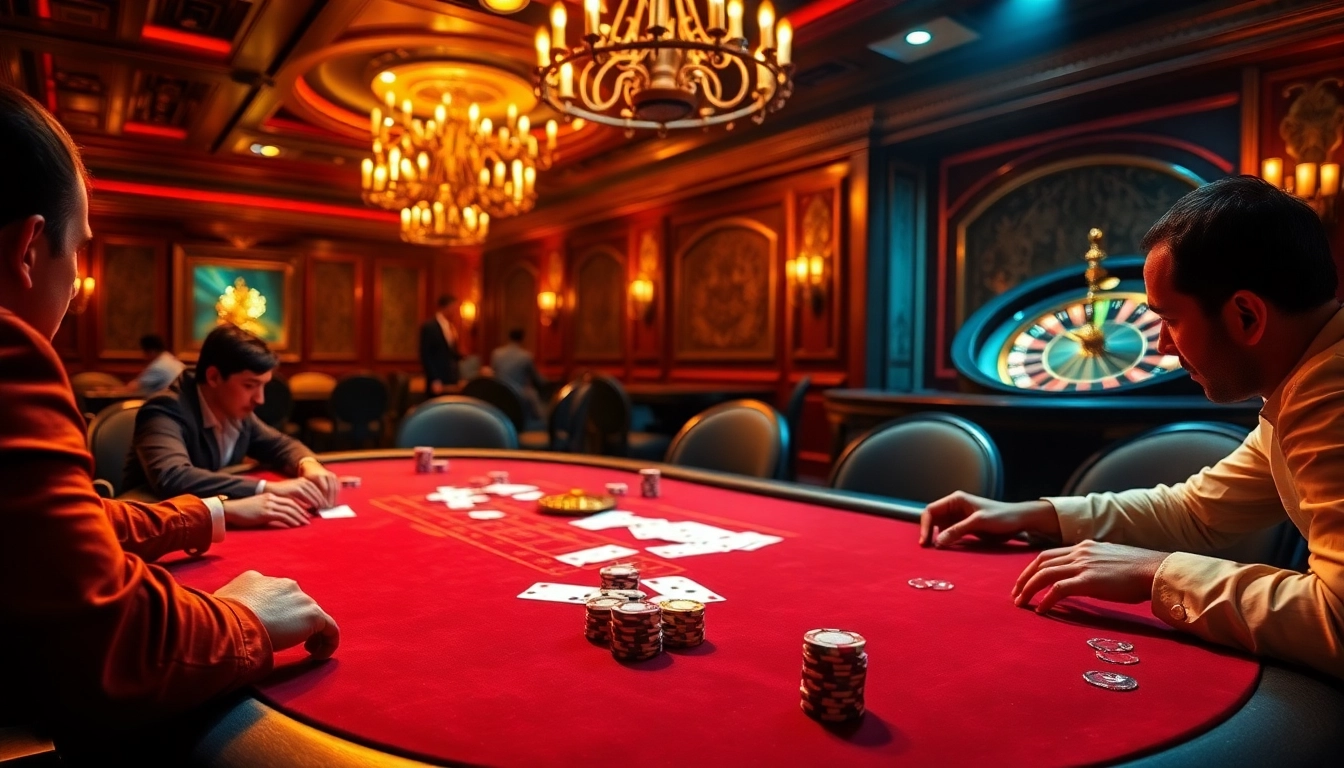 Players enjoying a high-stakes poker game at au88 casino, surrounded by luxurious decor.