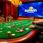 Engage in a high-stakes game at the luxurious poker table inspired by https://sunwin.builders/ featuring vibrant casino elements.