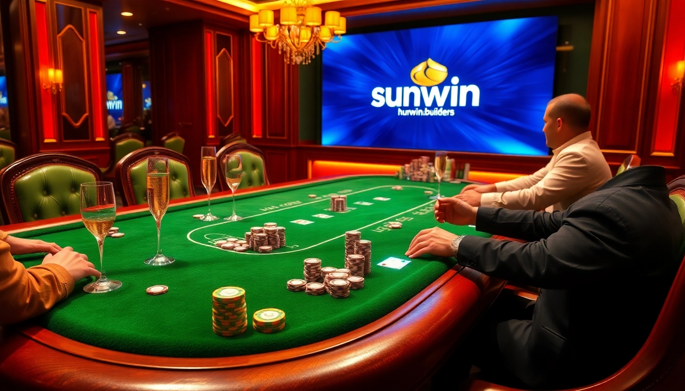 Engage in a high-stakes game at the luxurious poker table inspired by https://sunwin.builders/ featuring vibrant casino elements.